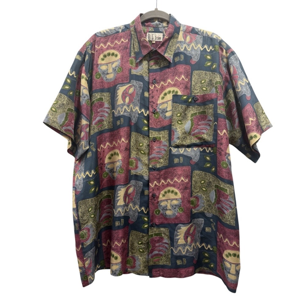 80s 90s 100% Silk B&E Jason Vintage Button Down Shirt Size Large Graphic